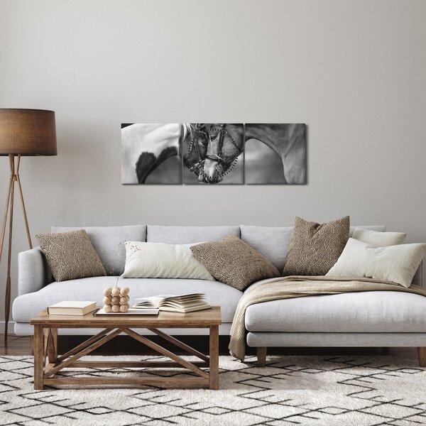 Obraz - Zakochane konie, czarno - biały (z zegarem) (90x30 cm)