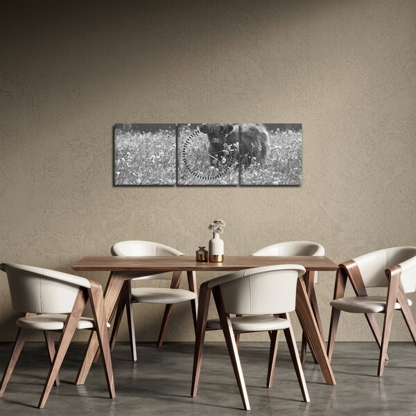 Obraz - Szkocka krowa 5, czarno - biały (z zegarem) (90x30 cm)