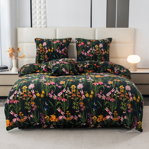 Zestaw pościeli z mikropluszu MYSTIC GARDEN ciemnozielona + prześcieradło z mikropluszu SOFT 90x200 cm białe, pojedyncze łóżko