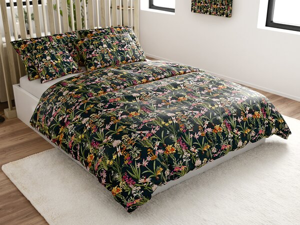 Zestaw pościeli z mikropluszu MYSTIC GARDEN ciemnozielona + prześcieradło z mikropluszu SOFT 90x200 cm białe, pojedyncze łóżko
