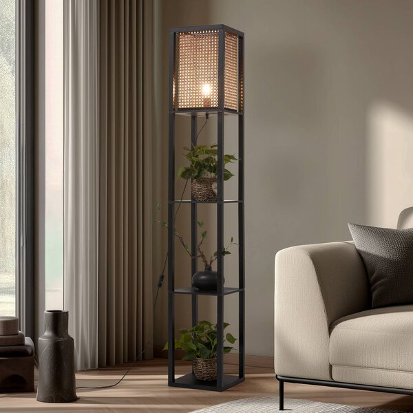 Lampa stojąca Birta Lindby, czarny, salon / jadalnia, drewno, nowoczesny