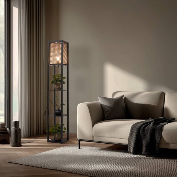 Lampa stojąca Birta Lindby, czarny, salon / jadalnia, drewno, nowoczesny