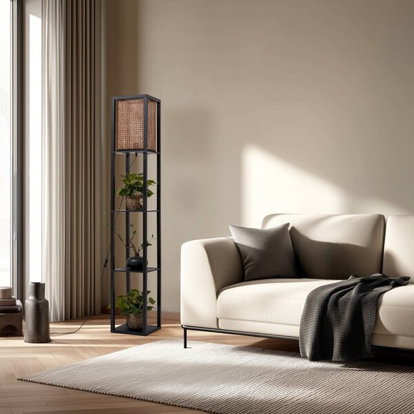 Lampa stojąca Birta Lindby, czarny, salon / jadalnia, drewno, nowoczesny