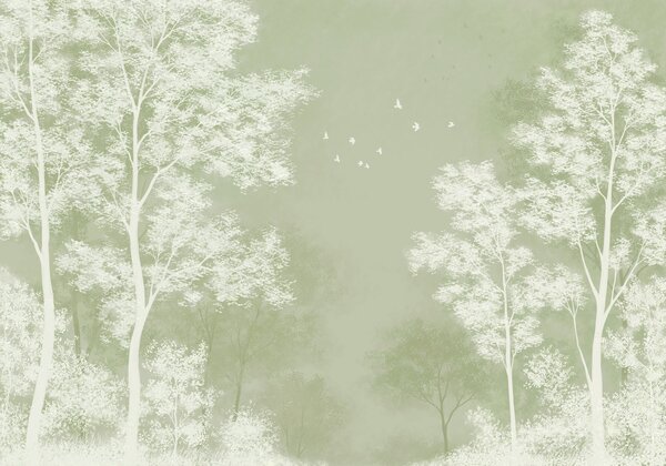 Fototapeta Grupa drzew, a nad nimi latają ptaki, Fototapety Natura, Popularne Fototapety, t01043v3 - Tapeko.pl