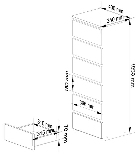 Minimalistyczna komoda z 6 szufladami kaszmir dąb artisan P7-B00