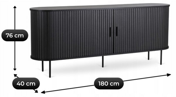 Komoda do Salonu Rozsuwana TRISH 180 cm Czarna Dwudrzwiowa Ryflowana Nowoczesna