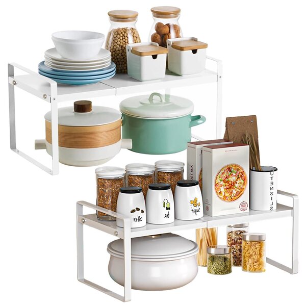 Dwuczęściowy zestaw organizerów kuchennych - Regulowana półka kuchenna - Organizer do szafki kuchennej - Organizer na blacie kuchennym - Wysokiej jakości stal - 35 x 22 x 17 cm - Szafka kuchenna