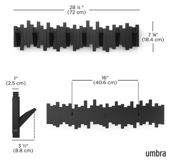 Czarny plastikowy wieszak ścienny 72 cm Sticks – Umbra
