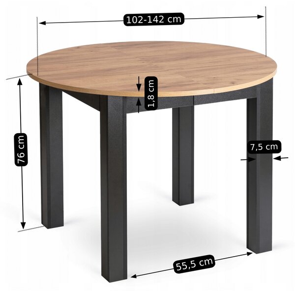 Zestaw Stół Okrągły Rozkładany HARRY 102-142 cm Dąb Craft/Czarny i 6 Krzeseł Tapicerowanych ROBIN Szarych Nowoczesnych