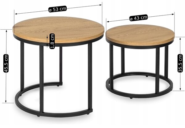 Zestaw Stolików Kawowych DELIA 43 cm/53 cm Dąb Złoty Nowoczesny Loft