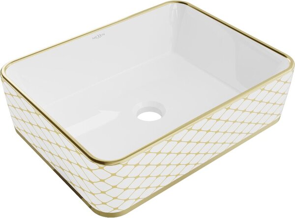 Mexen Catia umywalka nablatowa 48 x 37 cm, biała/złota wzór kratka - 21314809