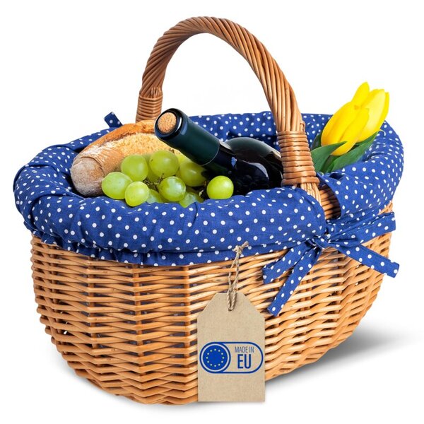 Kosz Piknikowy Wiklinowy | CREATIVE HOME | z Granatowym Obszyciem 43x32x37cm | Naturalny Brąz