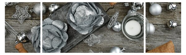 Obraz - srebrne ozdoby świąteczne (170x50 cm)