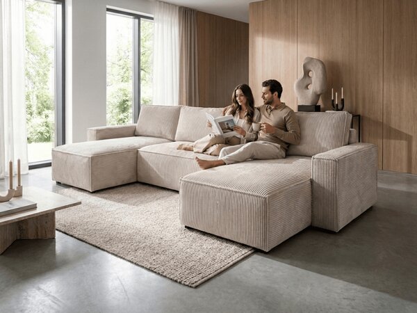 PROMOCJA Jasnobeżowy narożnik w kształcie U SMART COSARO 295x140 cm II jakość