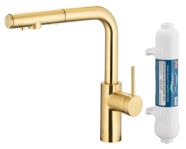Bateria kuchenna stojąca KFA ARMATURA Duero Pure Basic z filtrem wody Złoty szczotkowany 6623-112-39