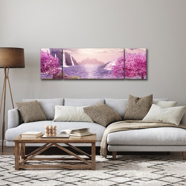 Obraz różowych drzew z jeziorem (170x50 cm)