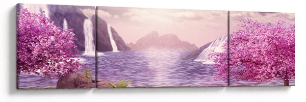 Obraz różowych drzew z jeziorem (170x50 cm)