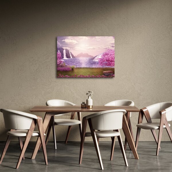Obraz różowych drzew z jeziorem (70x50 cm)