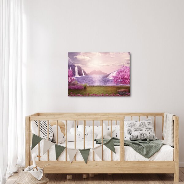 Obraz różowych drzew z jeziorem (70x50 cm)