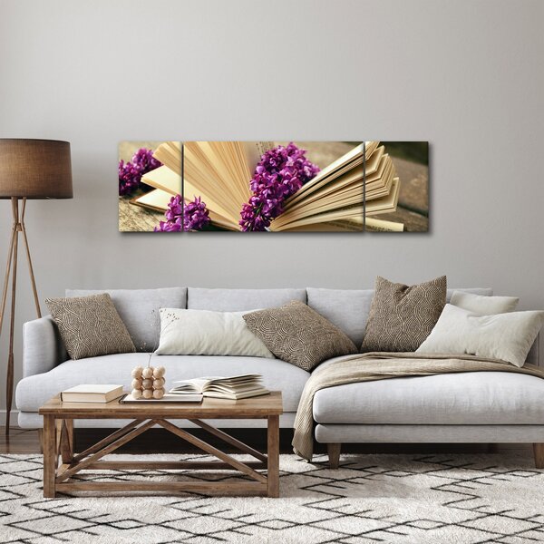 Obraz książki i fioletowych kwiatów (170x50 cm)