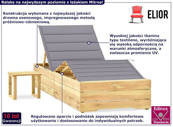 Leżak drewniany z szarą poduszką i stolikiem W2-Z16