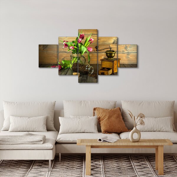 Obraz - tulipany, młynek i kawa (125x70 cm)