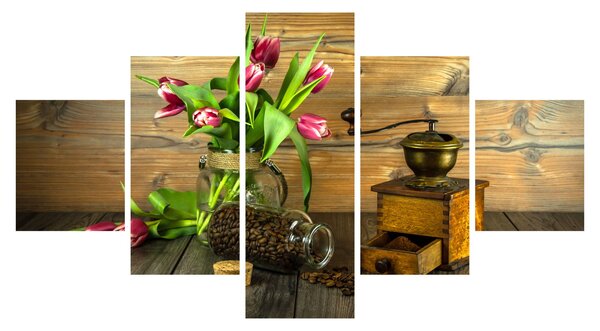 Obraz - tulipany, młynek i kawa (125x70 cm)