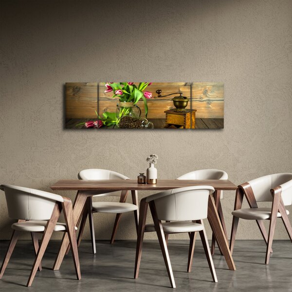 Obraz - tulipany, młynek i kawa (170x50 cm)