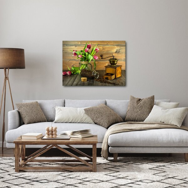 Obraz - tulipany, młynek i kawa (70x50 cm)