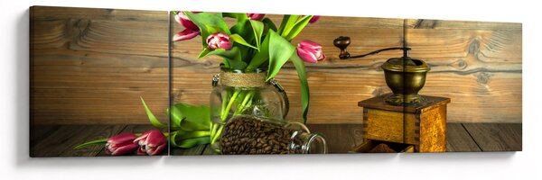Obraz - tulipany, młynek i kawa (170x50 cm)