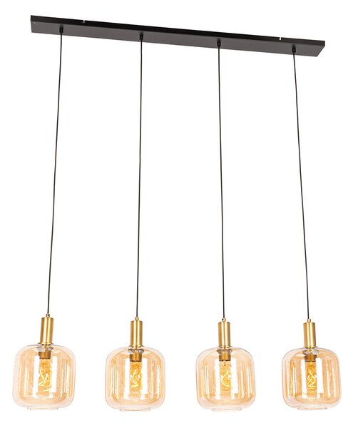 Designerska lampa wisząca czarna z mosiężnym i bursztynowym szkłem 4-punktowa - Zuzanna Oswietlenie wewnetrzne