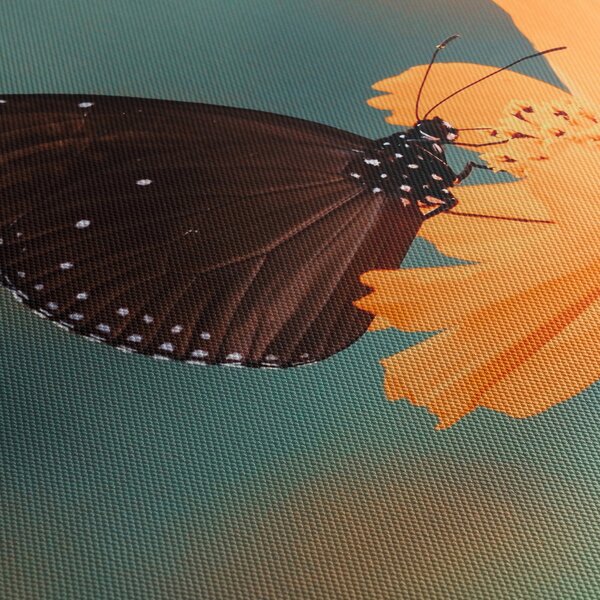 Obraz - motyl na pomarańczowym kwiatku (z zegarem) (90x30 cm)