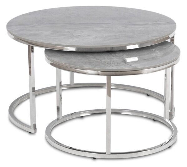 Zestaw StolikÃ³w Kawowych MILANO 60 cm/80 cm Szary Marmur/Srebrny Glamour