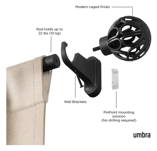 Stalowy regulowany karnisz w kolorze matowej czerni 107 - 305 cm Aria – Umbra