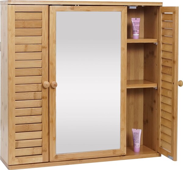 Szafka z lustrem HWC-B18, szafka łazienkowa z lustrem, 3 półki, 3 drzwi, lustro bambusowe 60x60x15cm