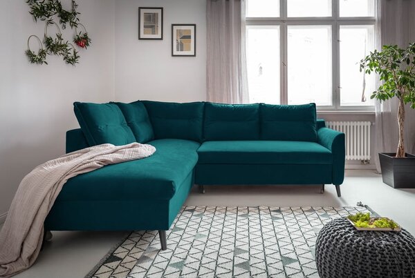 Turkusowy aksamitny narożnik rozkładany Miuform Stylish Stan L, lewostronny