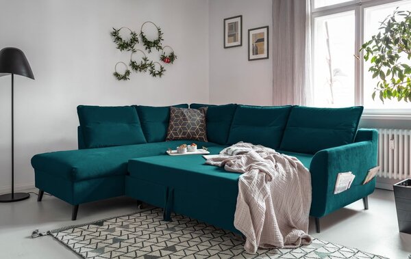 Turkusowy aksamitny narożnik rozkładany Miuform Stylish Stan L, lewostronny