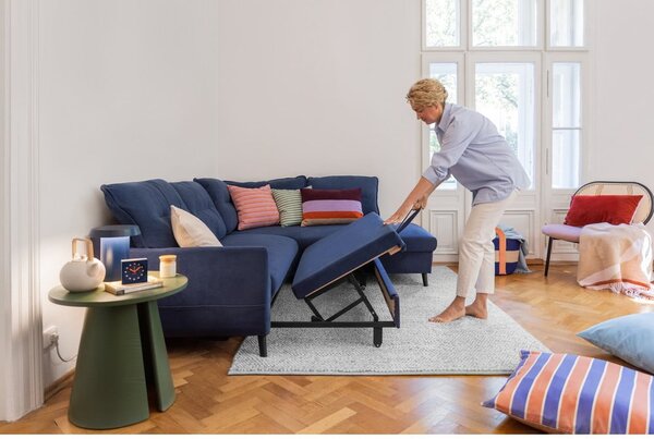 Turkusowa aksamitna rozkładana sofa w kształcie litery "U" Miuform Stylish Stan, prawostronna