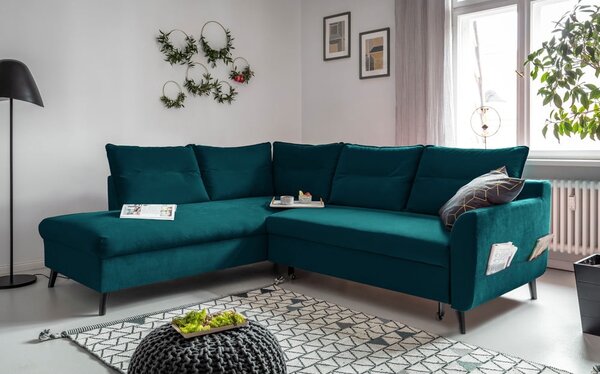 Turkusowy aksamitny narożnik rozkładany Miuform Stylish Stan L, lewostronny