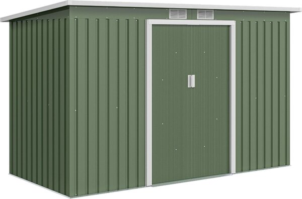 Metalowa szopa narzdziowa Outsunny 6,3 m³, 280 x 130 x 172 cm, z dachem jednospadowym, drzwiami przesuwnymi, odporna na warunki atmosferyczne, ogrodowa, szafka, do ogrodu, na zewntrz, antracyt, jasnozielony
