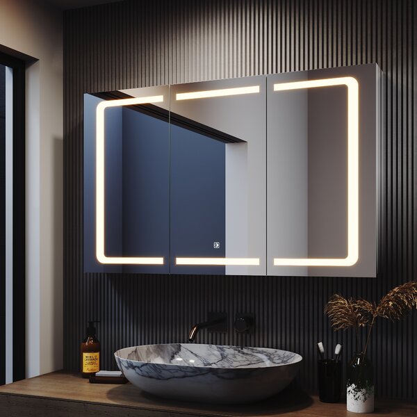 SONNI szafka azienkowa z lustrem LED z 3-kolorowym owietleniem 105x65cm gniazdo golarki dotykowe 3-drzwiowa konstrukcja ze stali nierdzewnej zawias bezprzewodowy