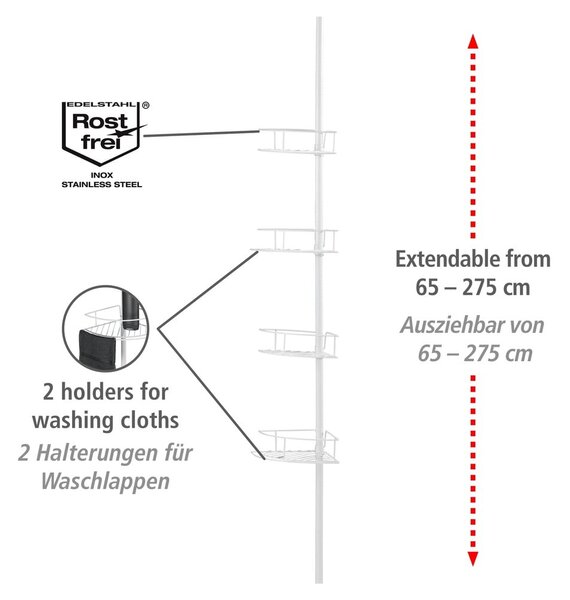 Biała narożna teleskopowa półka łazienkowa ze stali nierdzewnej Dolcedo – Wenko
