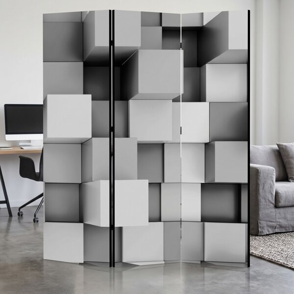 Parawan pokojowy 3-częściowy 135x172 Dwustronny dekoracyjny nowoczesny geometryczny Szary Szare Sześciany 3D
