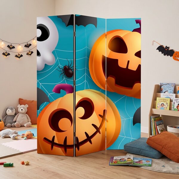Parawan pokojowy 3-częściowy 135x172 Dwustronny dekoracyjny dziecięcy komiksowy Niebieski Wesoły Halloween