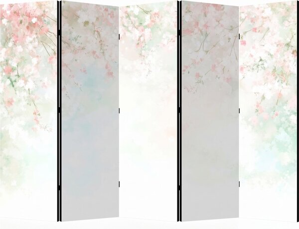 Parawan pokojowy 5-częściowy 225x172 Dwustronny dekoracyjny japandi romantyczny Biały Deszcz Kwitnącej Wiśni