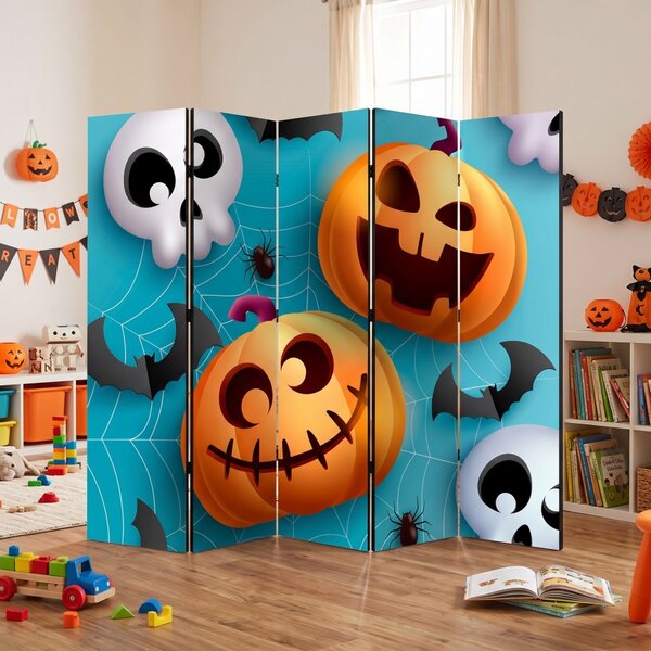 Parawan pokojowy 5-częściowy 225x172 Dwustronny dekoracyjny dziecięcy komiksowy Niebieski Wesoły Halloween