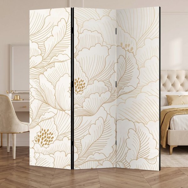 Parawan pokojowy 3-częściowy 135x172 Dwustronny dekoracyjny glamour Kremowy Złote Piwonie Premium