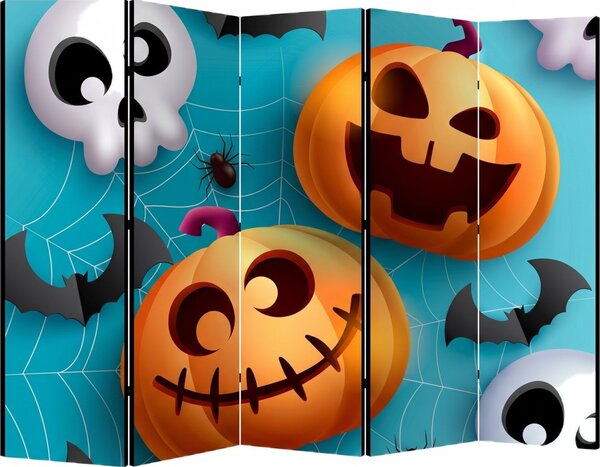 Parawan pokojowy 5-częściowy 225x172 Dwustronny dekoracyjny dziecięcy komiksowy Niebieski Wesoły Halloween