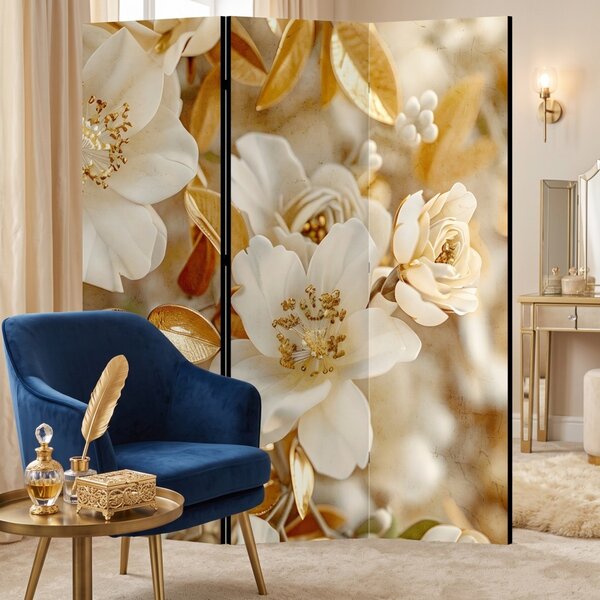 Parawan pokojowy 3-częściowy 135x172 Dwustronny dekoracyjny glamour Beżowy Złoty Ogród Magnolii