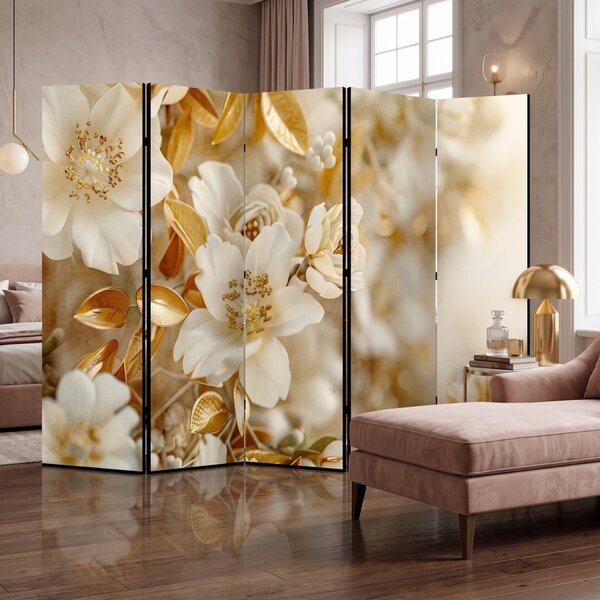 Parawan pokojowy 5-częściowy 225x172 Dwustronny dekoracyjny glamour Beżowy Złoty Ogród Magnolii